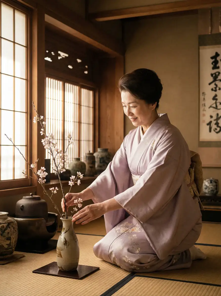 一位优雅的 澳门新葡京app 在和室中插花